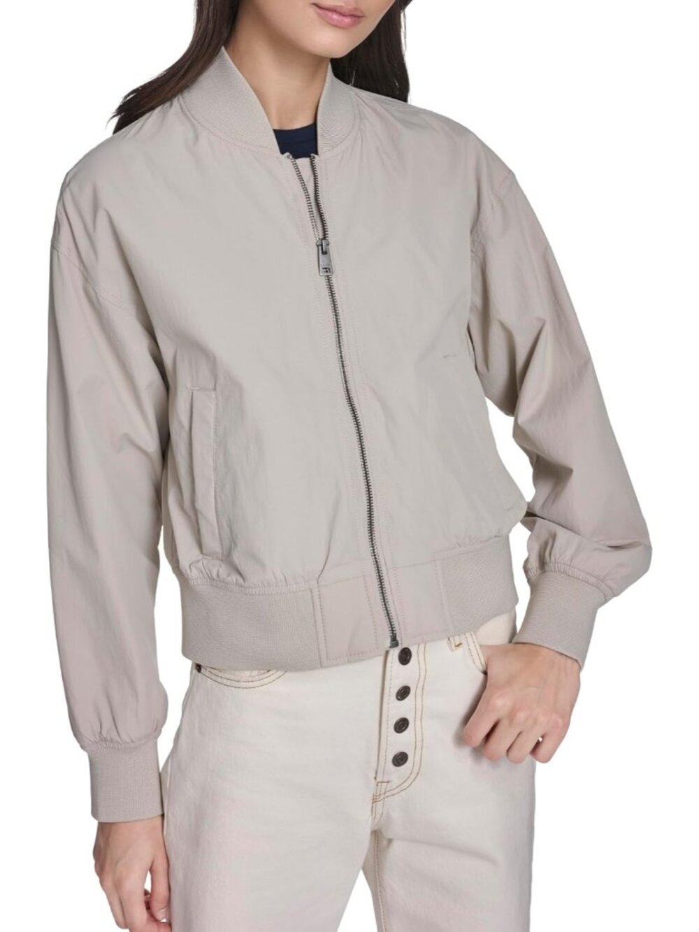 Women's Grey Nylon Band Collar Front Zipper Rib Knit Breathable Bomber Jacket